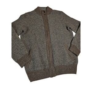 Joseph Abboud Mens Wool Blend Full Zip Sweater Jacket Brown Marled Mock Neck L
